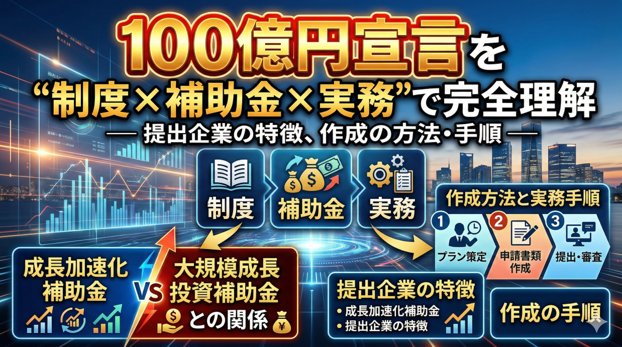 【100億円宣言】を“制度×補助金×実務”で完全理解する― 提出企業の特徴、作成の方法・手順、成長加速化補助金／大規模成長投資補助金との関係まで