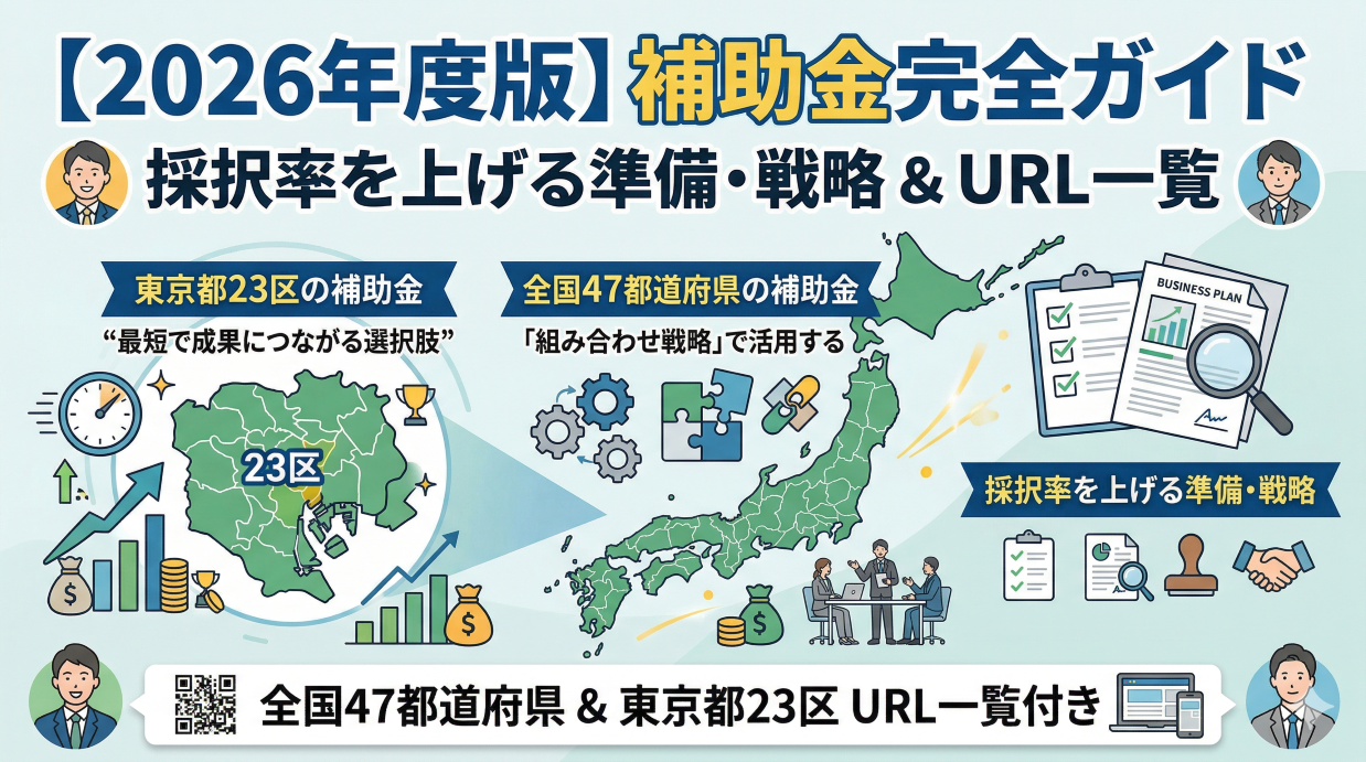 【2026年度版】補助金完全ガイド｜採択率を上げる準備・戦略・都道府県・東京都23区URL一覧