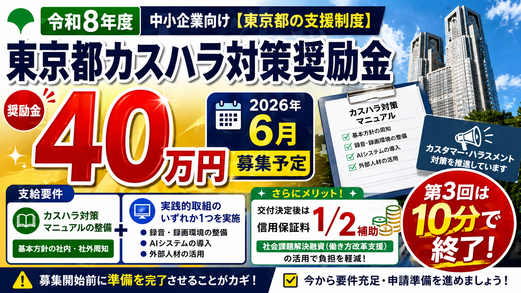 【令和8年度・2026年6月募集予定】東京都カスハラ対策奨励金（40万円）｜第3回「10分終了」の教訓と、今から準備すべき実務ポイントを徹底解説