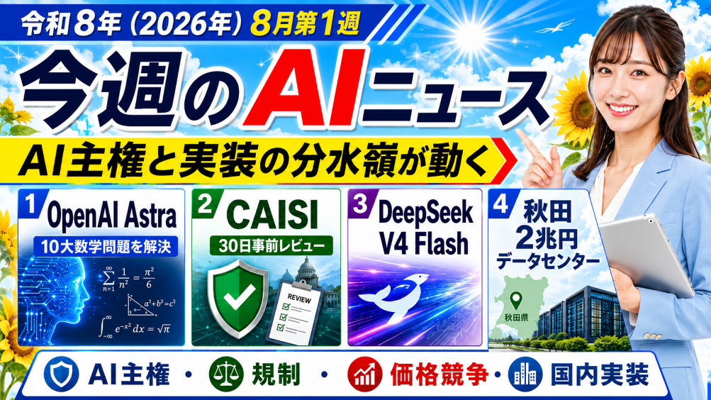 【令和8年（2026年）8月第1週】今週のAIニュース｜OpenAI Astra 10大数学問題解決・CAISI 30日事前レビュー・DeepSeek V4 Flash・秋田2兆円データセンターで「AI主権と実装の分水嶺」が動く