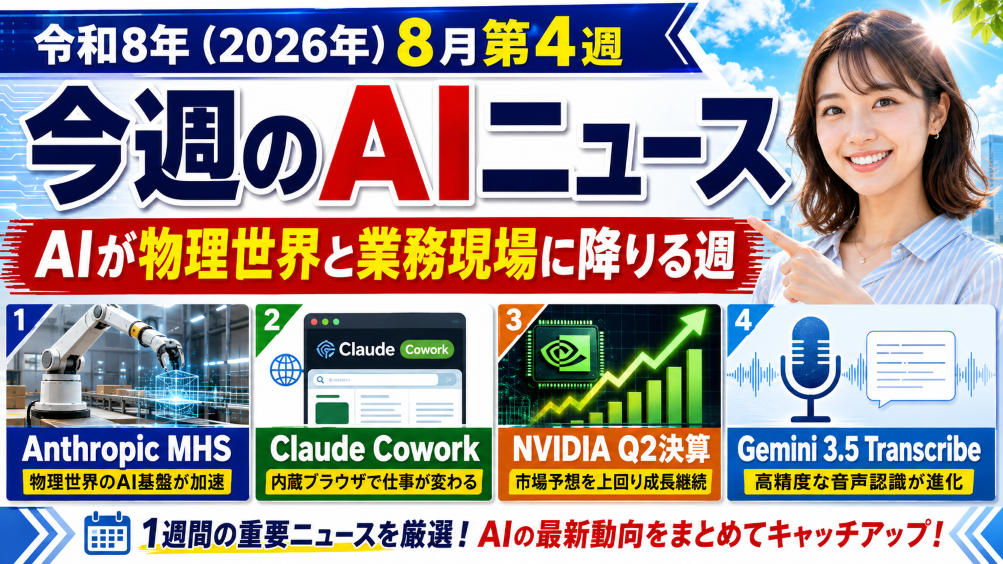 【令和8年（2026年）8月第4週】今週のAIニュース｜Anthropic MHS・Claude Cowork内蔵ブラウザ・NVIDIA Q2決算・Gemini 3.5 Transcribeで「AIが物理世界と業務現場に降りる」週