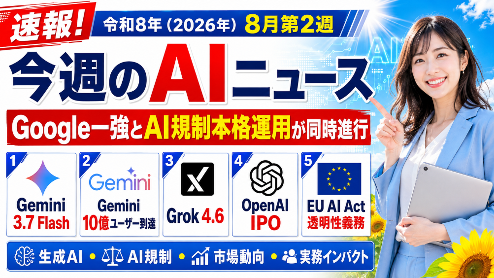 【令和8年（2026年）8月第2週】今週のAIニュース｜Gemini 3.7 Flash・Gemini 10億ユーザー到達・Grok 4.6・OpenAI IPO・EU AI Act透明性義務で「Google一強とAI規制本格運用」が同時進行