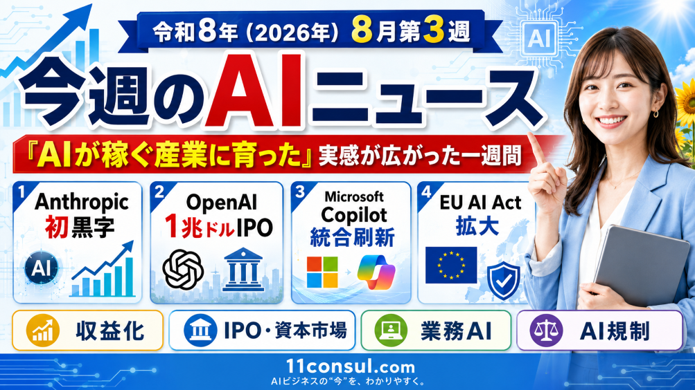 【令和8年（2026年）8月第3週】今週のAIニュース｜Anthropic初黒字・OpenAI 1兆ドルIPO・Microsoft Copilot統合刷新・EU AI Act拡大で「AIが稼ぐ産業に育った」実感が広がった一週間