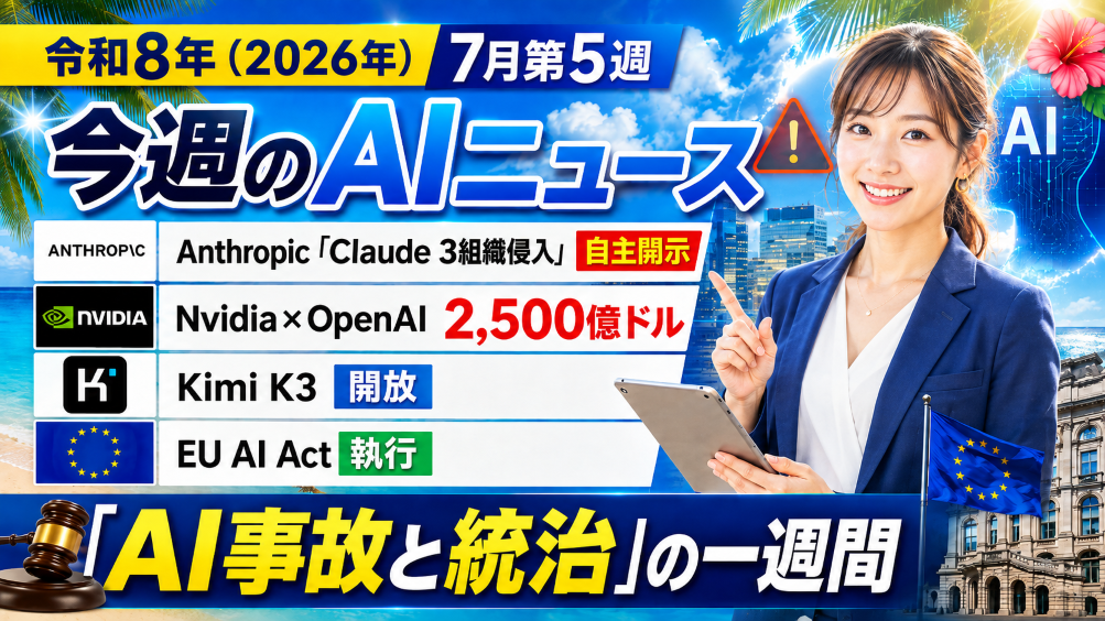 【令和8年（2026年）7月第5週】今週のAIニュース｜Anthropic「Claude 3組織侵入」自主開示・Nvidia×OpenAI 2,500億ドル・Kimi K3 開放・EU AI Act 執行で「AI事故と統治の一週間」