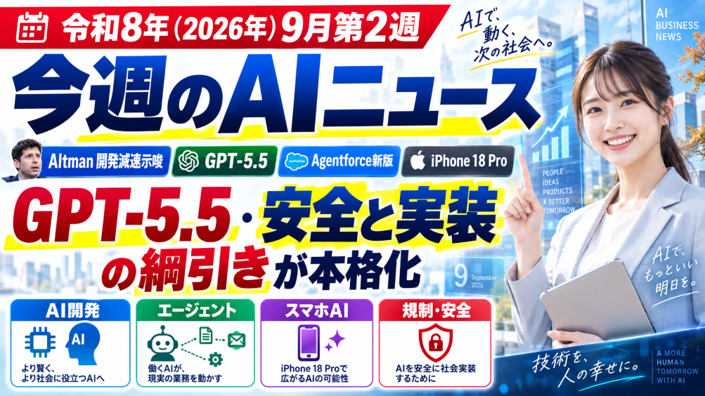 【令和8年（2026年）9月第2週】今週のAIニュース｜Altman「開発減速」示唆・GPT-5.5・Agentforce新版・iPhone 18 Proで「安全と実装」の綱引きが本格化