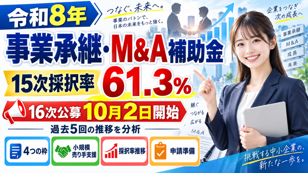【令和8年】事業承継・M&A補助金15次採択率61.3%｜16次公募10月2日開始・過去5回の推移