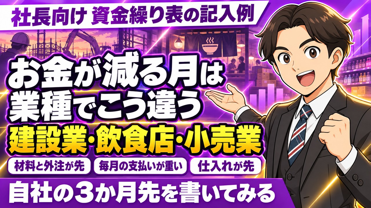 【社長向け】資金繰り表の記入例｜建設業・飲食店・小売業で「お金が減る月」はこう違う